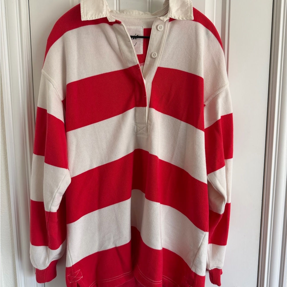 Aerie Oversized Red and White Striped Rugby Shirt XXS